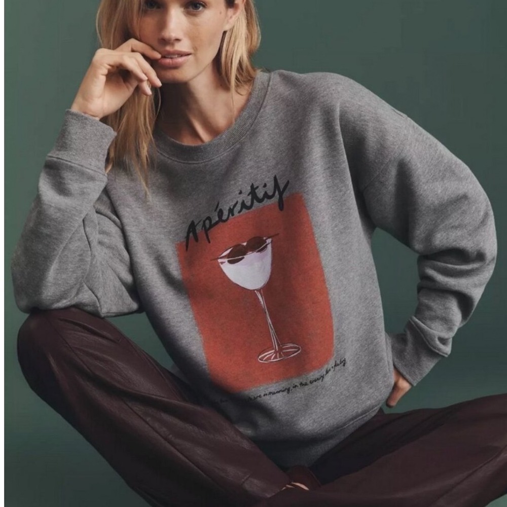 Maeve X Natalia Bagniewska Anthropologie Aperitif Cocktail Sweatshirt Gray Small